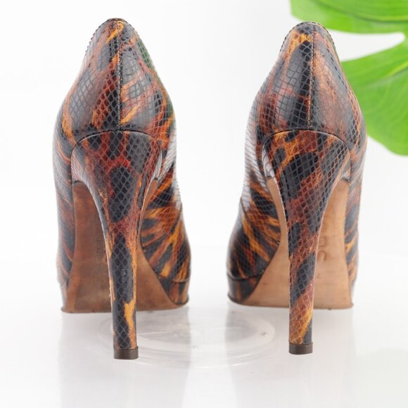 Michael Kors Womens Pumps Size 7 M Brown Tan Python Platform Heel Peep Toe Shoes - Picture 4 of 13